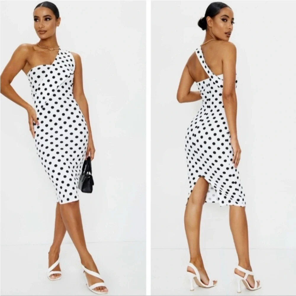 PLT One-Shoulder Polka Dot Midi Dress -SIZE 8 NWT - Picture 1 of 3